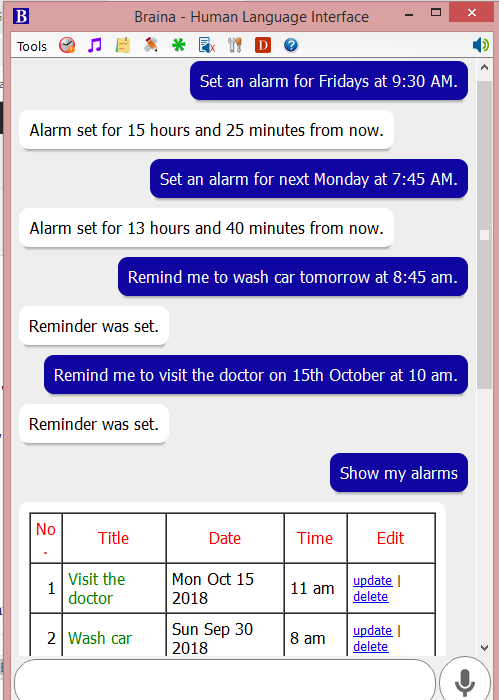 Alarm and Reminder Commands in Braina